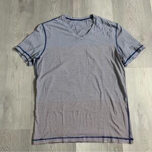 LULULEMON MENS T SHIRT STRIPE V NECK GRAY BLUE PURPLE MEDIUM
